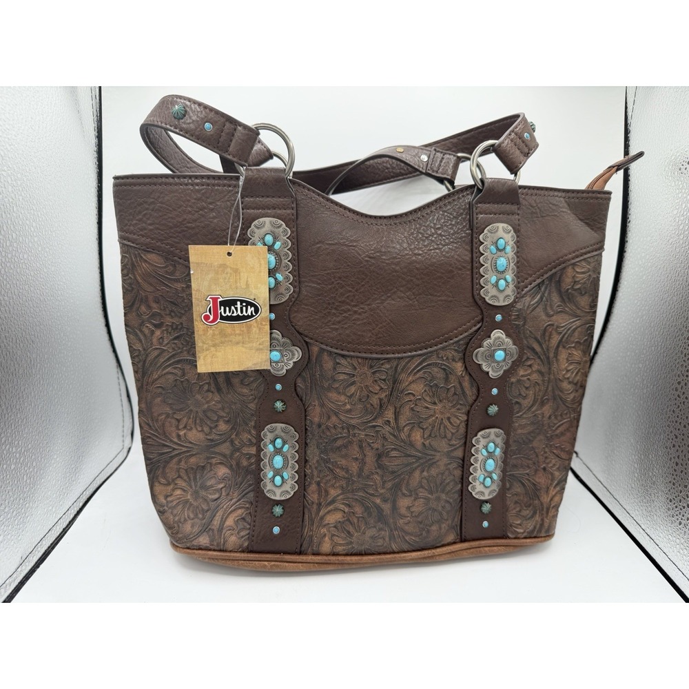 NWT JUSTIN Women's Conceal Carry Tote Handbag Brown Turquoise Faux Leather